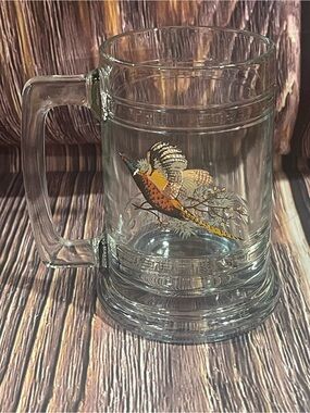 Unbranded 5.25” Pheasant Heavy Glass Clear Root Beer Mug Stein EUC